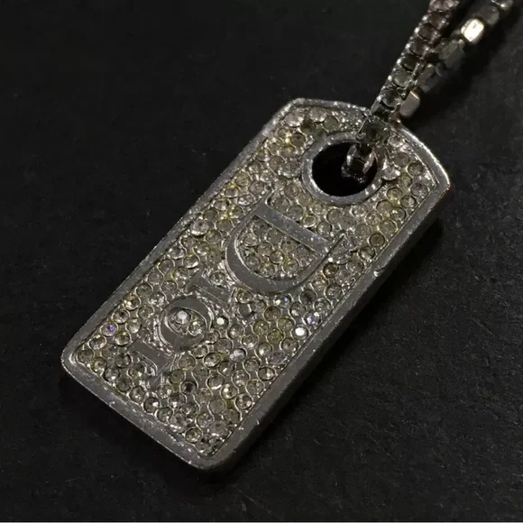 Authentic Christian Dior Logo Plate Rhinestone Silver Tone Pendant Necklace - Picture 3 of 16